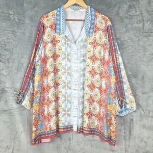 John Mark Top 2X Boho Peasant Floral Artsy Button Down Whimsy Festival Tunic
